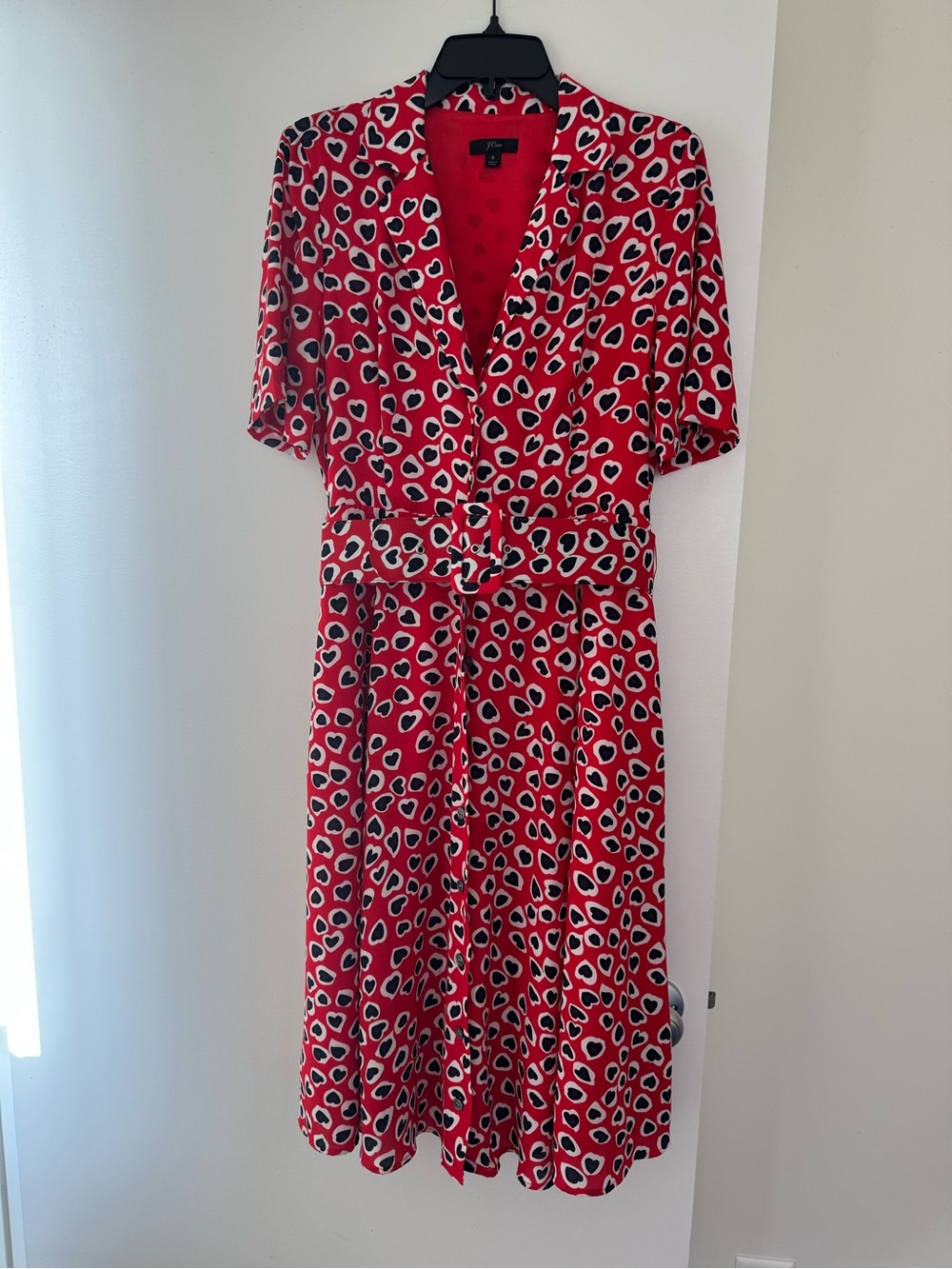 J. Crew Red, Black and White Printed Tie-Waist Midi Dress